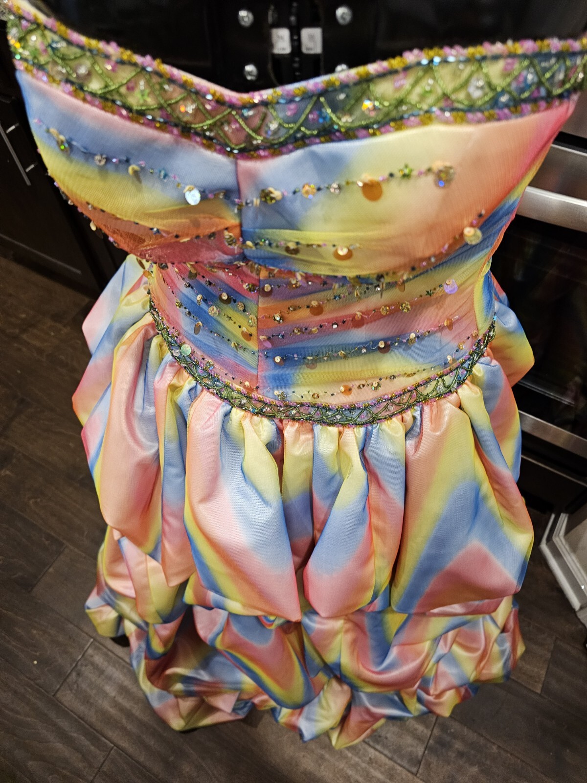 Xcite Pink Yellow Blue Beaded Sequin Pleated Multicolor Rainbow Ballgown 8
