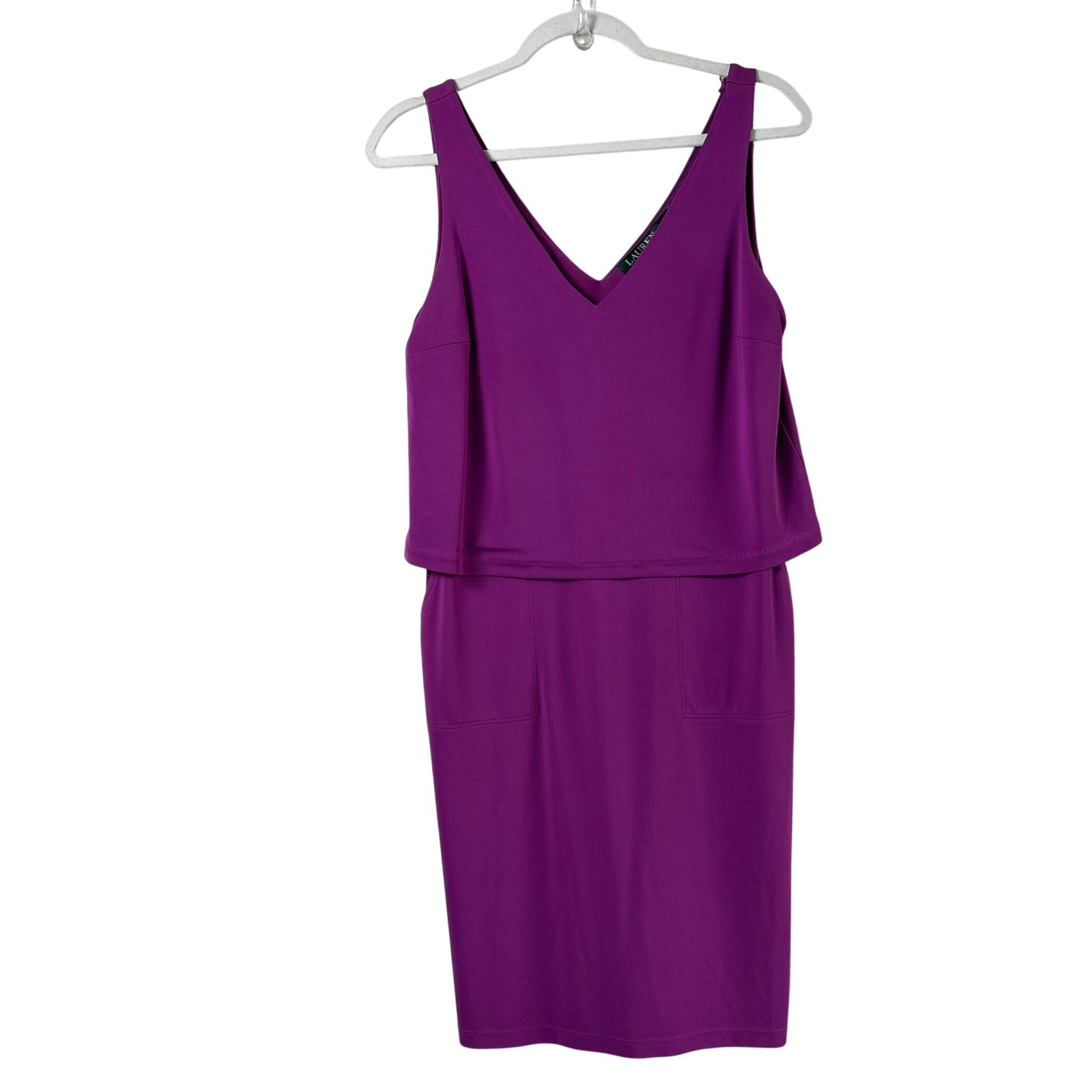 Lauren Ralph Lauren Sheath Dress Petite M PM Purple V-Neck Pockets Sleeveless