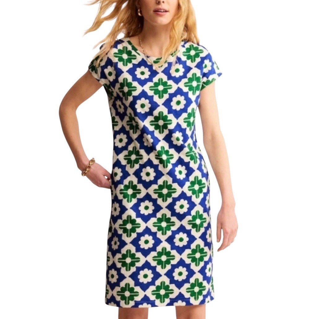 Boden Leah Green and Blue Geometric Pattern Jersey T-Shirt Dress Women’s Size 6