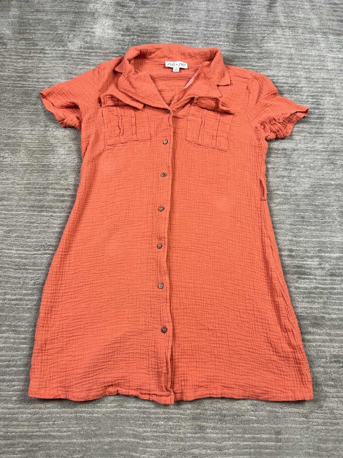 She + Sky Dress Women Medium Orange Short Sleeve Button Front Gauzey Mini Cotton