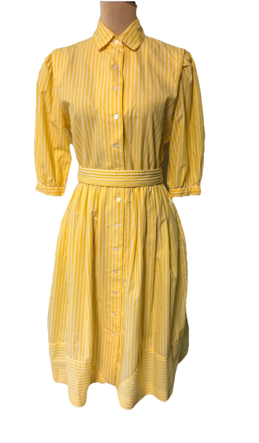 Vintage 80s Dress Midi A-line Sz 12 Retro Butter Yellow Belted Pinup Rockabilly