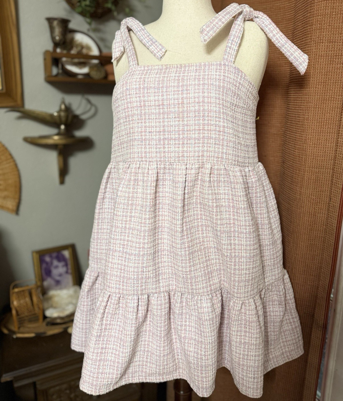 &merci Pink White Plaid Tweed Square Neck A-Line Short Bow Zip Lined Dress M
