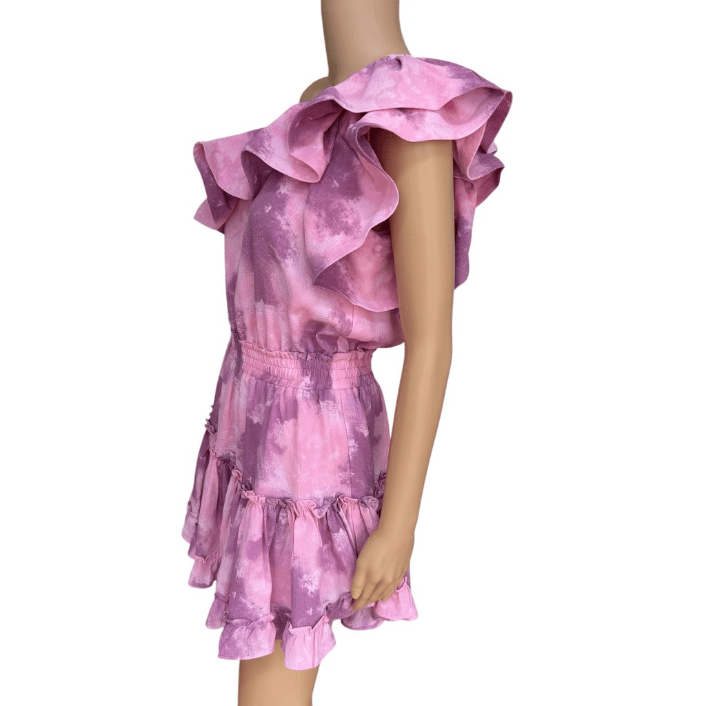 Buddy Love Sofia one-shoulder ruffled tie-dye mini dress size S NWT