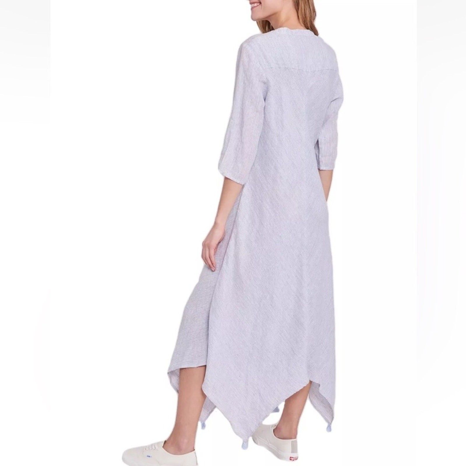 ROLLER RABBIT Blue White Jeni Stripe Asymmetrical Fringe Berenice Dress LARGE