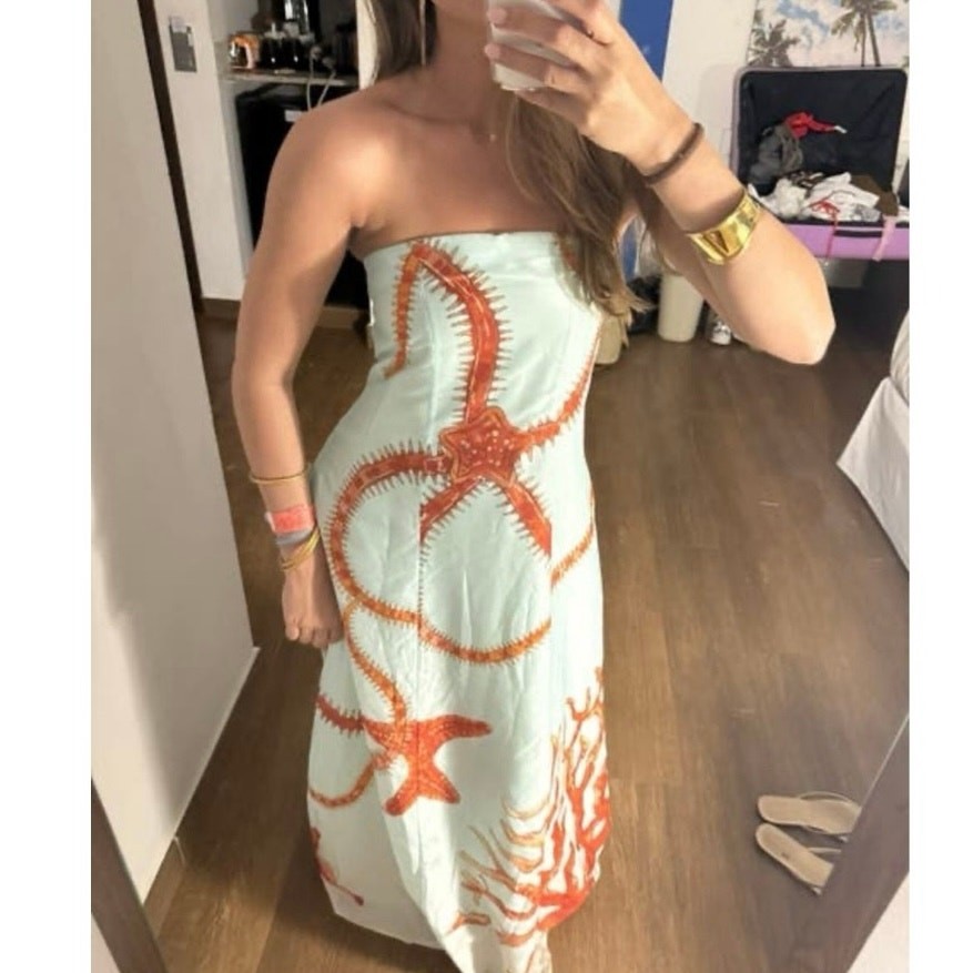 MUMA WORLD Blue Red Starfish Print SleevelessUrsa Maxi Dress size Large