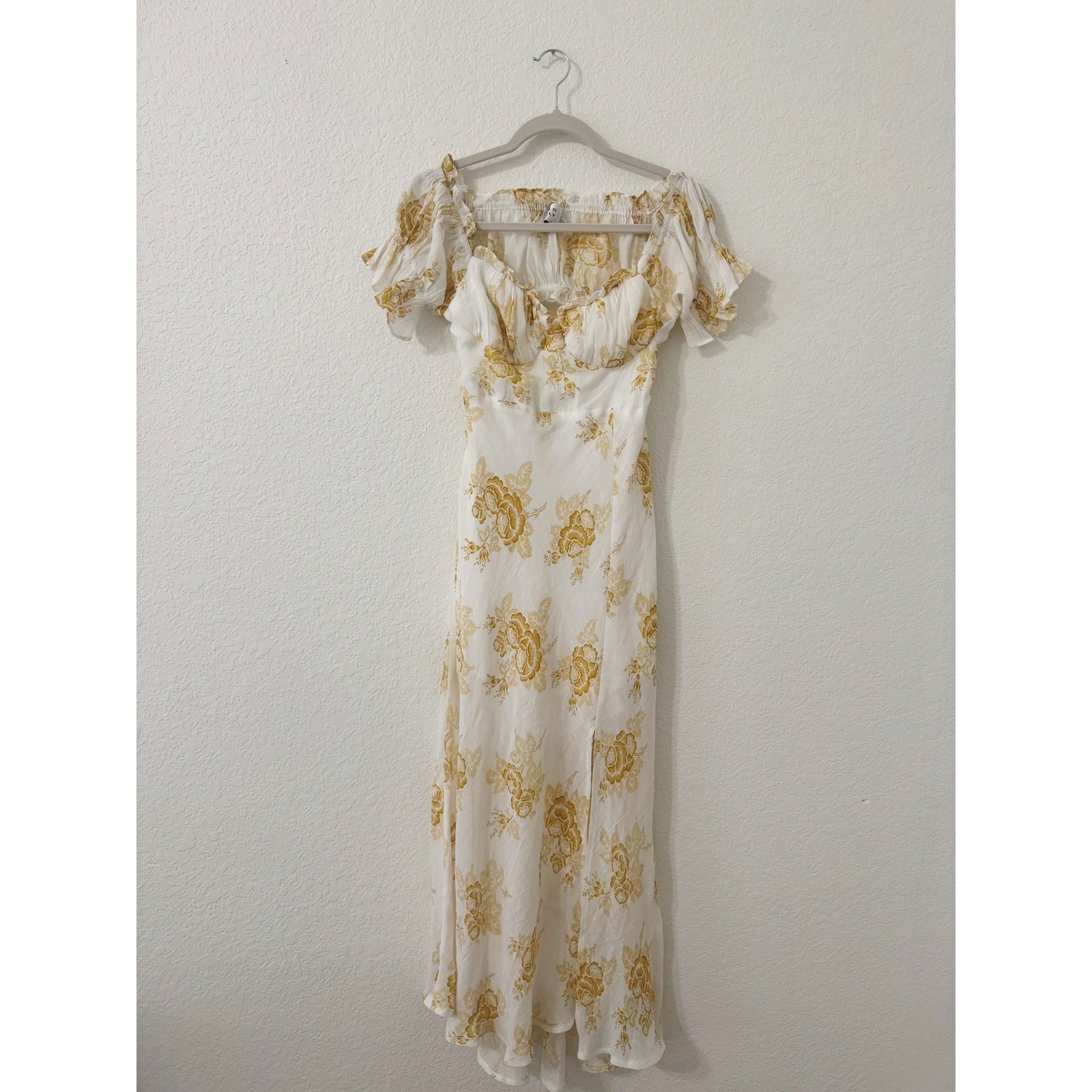 Hello Molly White & Gold Floral Off Shoulder Cutout Midi Dress Size L