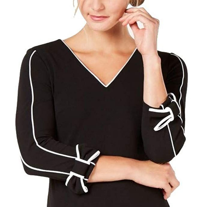 Calvin Klein Petite Scuba Crepe V-Neck Bow Long Sleeve Sheath Dress, 2P Black