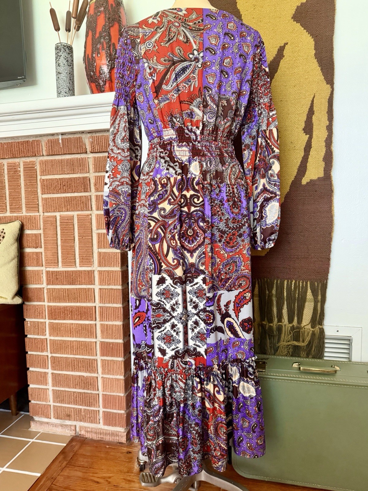 Vintage 1970’s Patchwork Paisley Print Maxi Dress Bishop Sleeve Hippie Boho