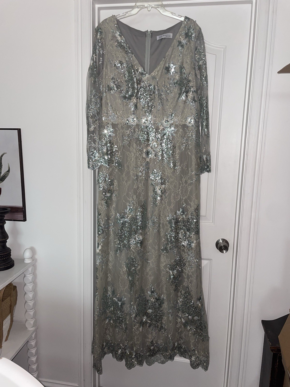 Mac Duggal V Neck Illusion Long Sleeve Embellished Evening Gown Seamist Size 20