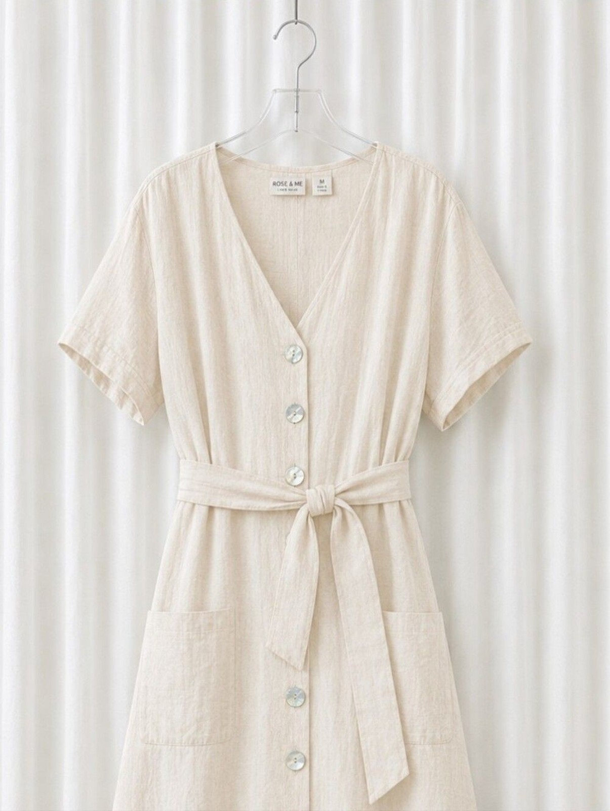Rachel Zoe Light Coral Beige Linen Button Front Belted Coastal Chic Midi Dress