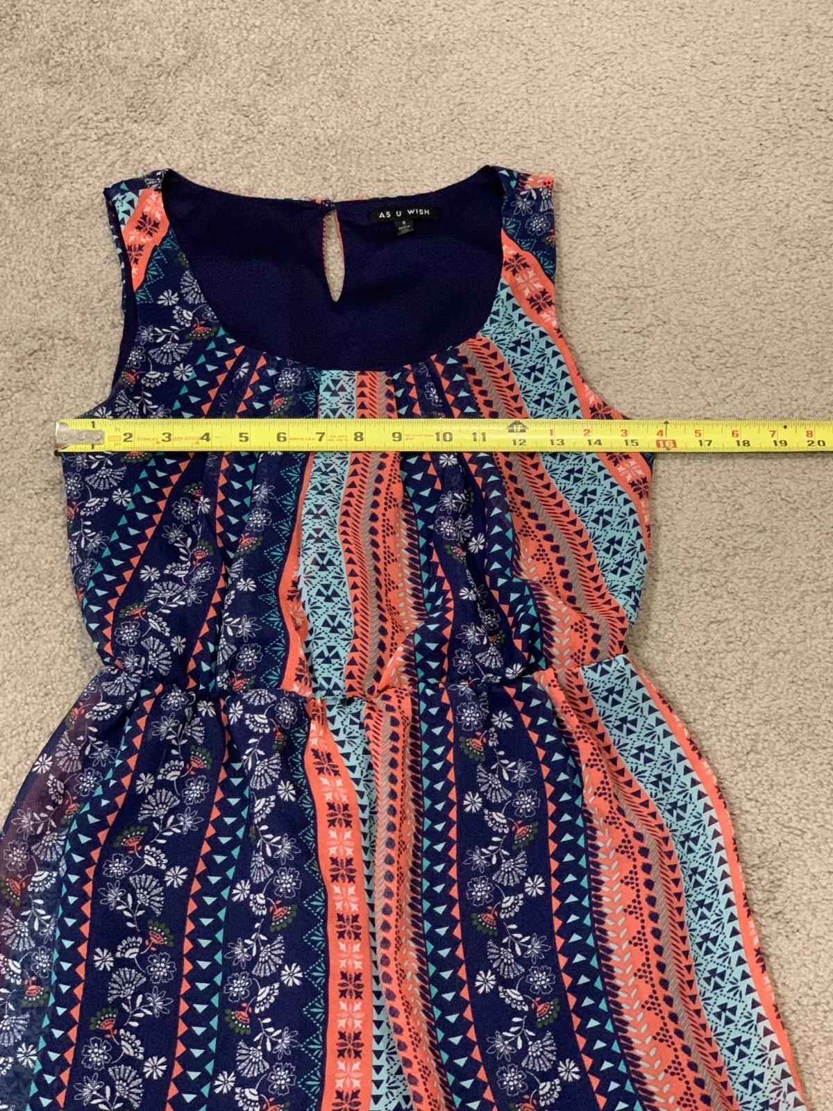 As U Wish Dress Womens Size Small Boho pattern Sleeveless Fit Flare Keyhole back