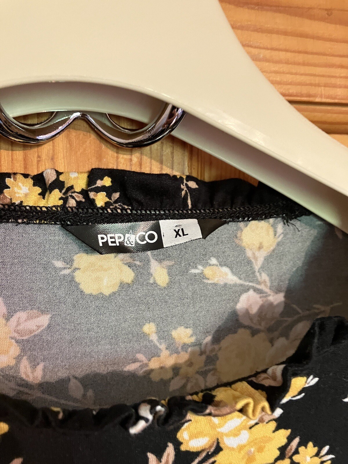 Black With Yellow Floral Pattern Knee Length Dress, XL by Pep&Co Long Sleeve