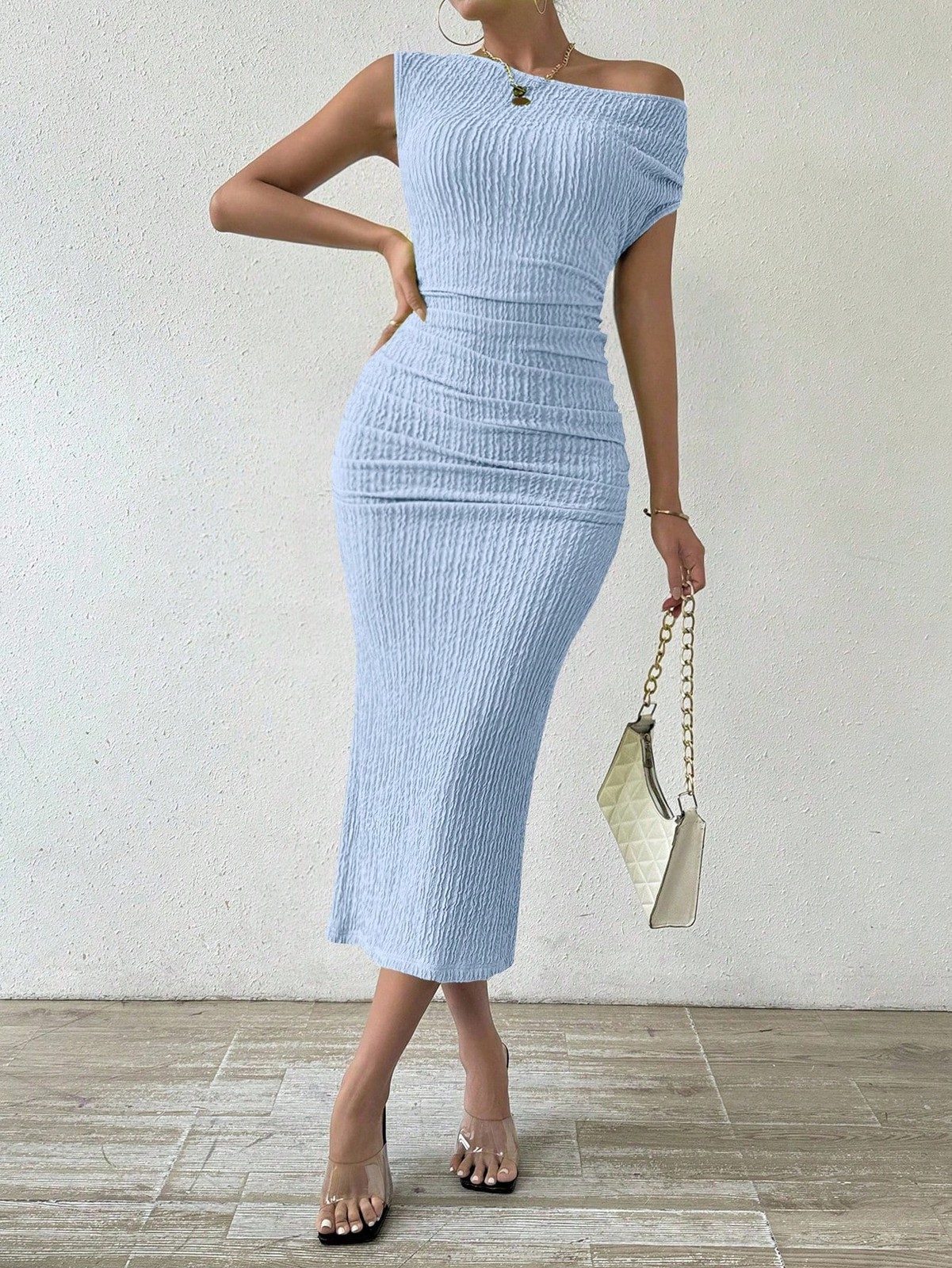 Elegant Long Ruffle Slant Shoulder Dress for Women