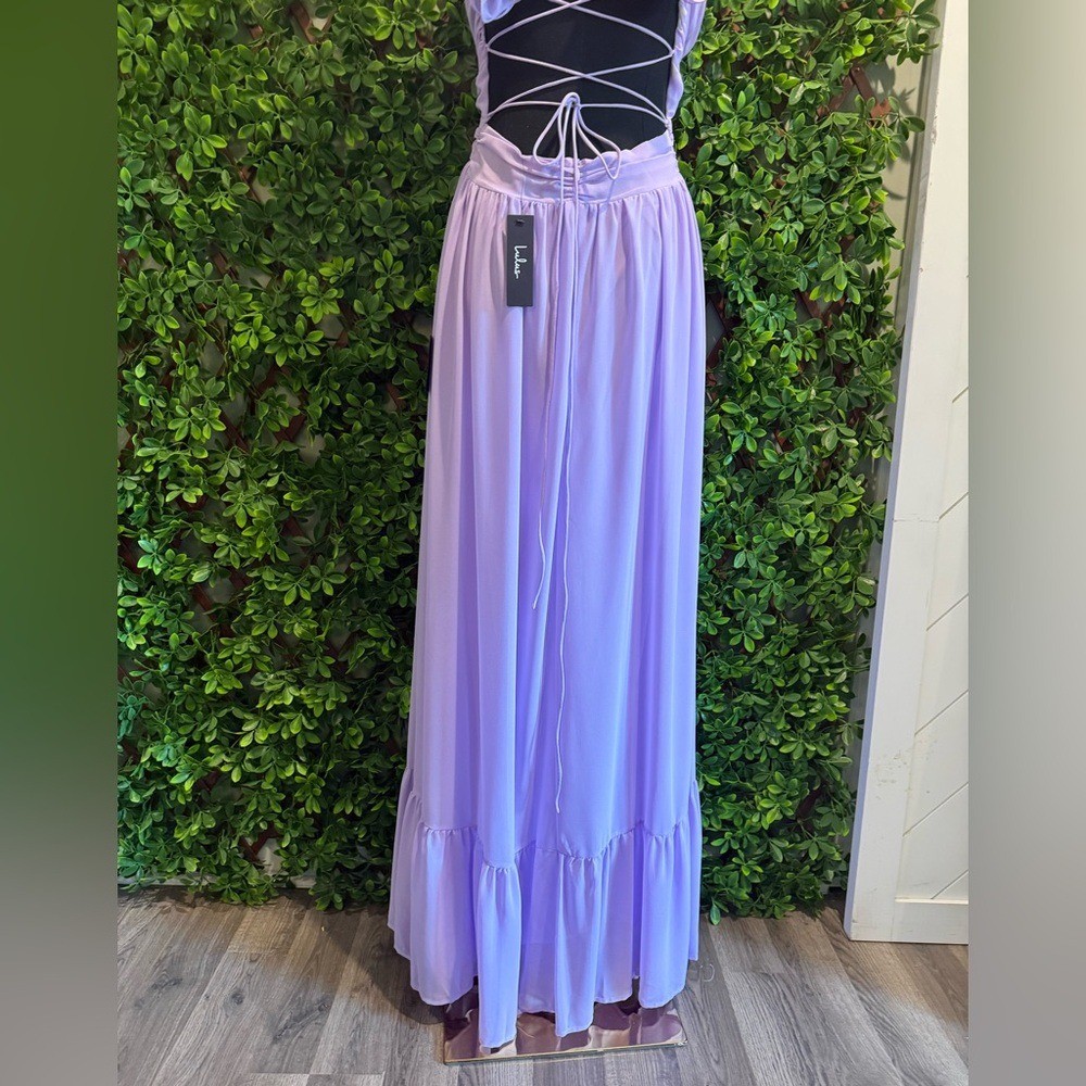 NWT- Soiree Celebration Purple Ruffled Lace-Up Dress