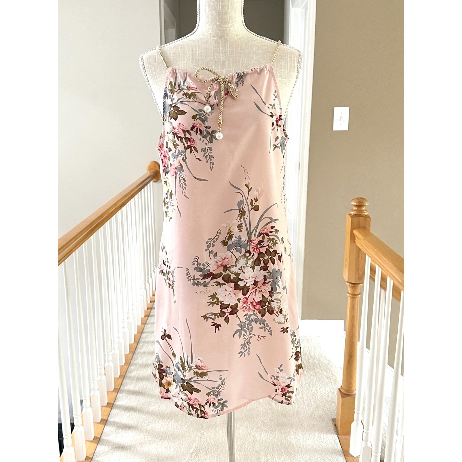 SHEIN Pink Floral Halter Mini Dress Rope Pearl Detail Sleeveless Shift L