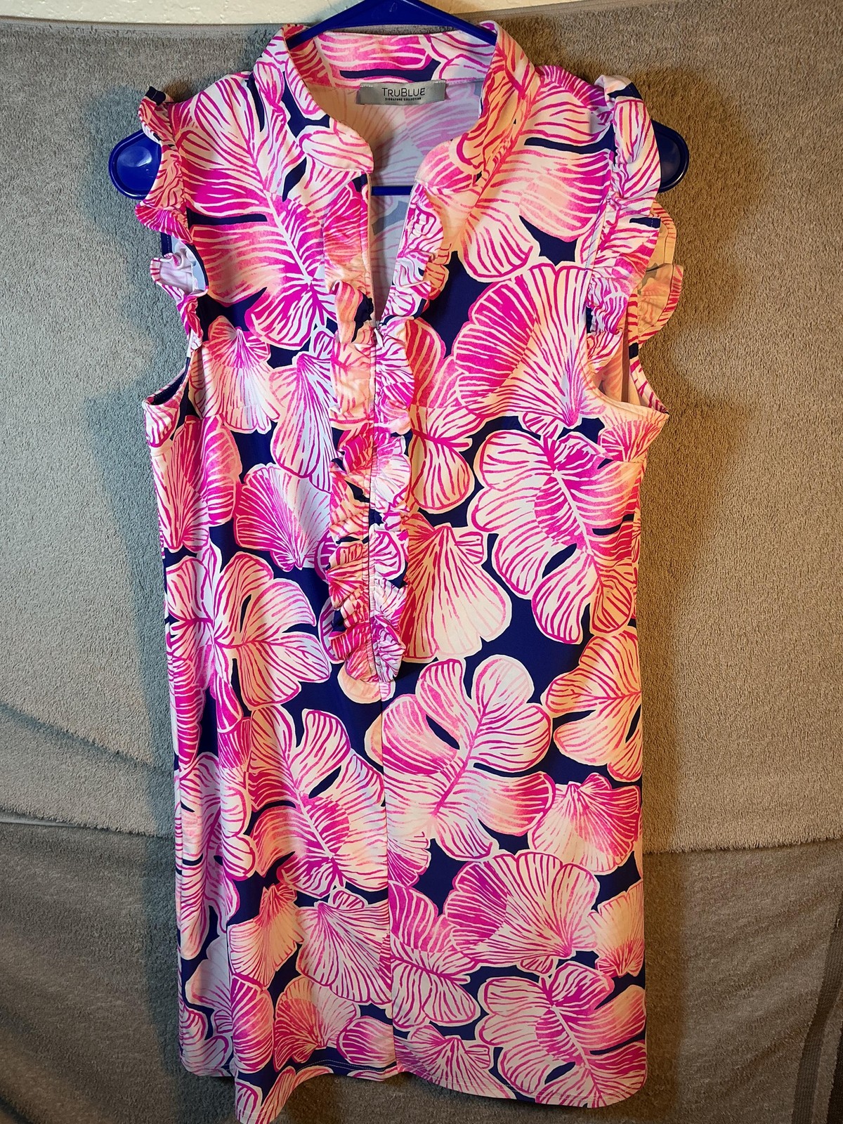 TRUBLUE Shift Dress Womens Small Pink Blue Tropical Floral Collared Ruffle Zip