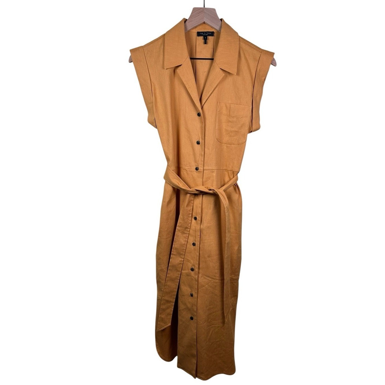 RAG & BONE Helena Linen Blend Button Front Shirt Dress Mustard Sz 0 Resort