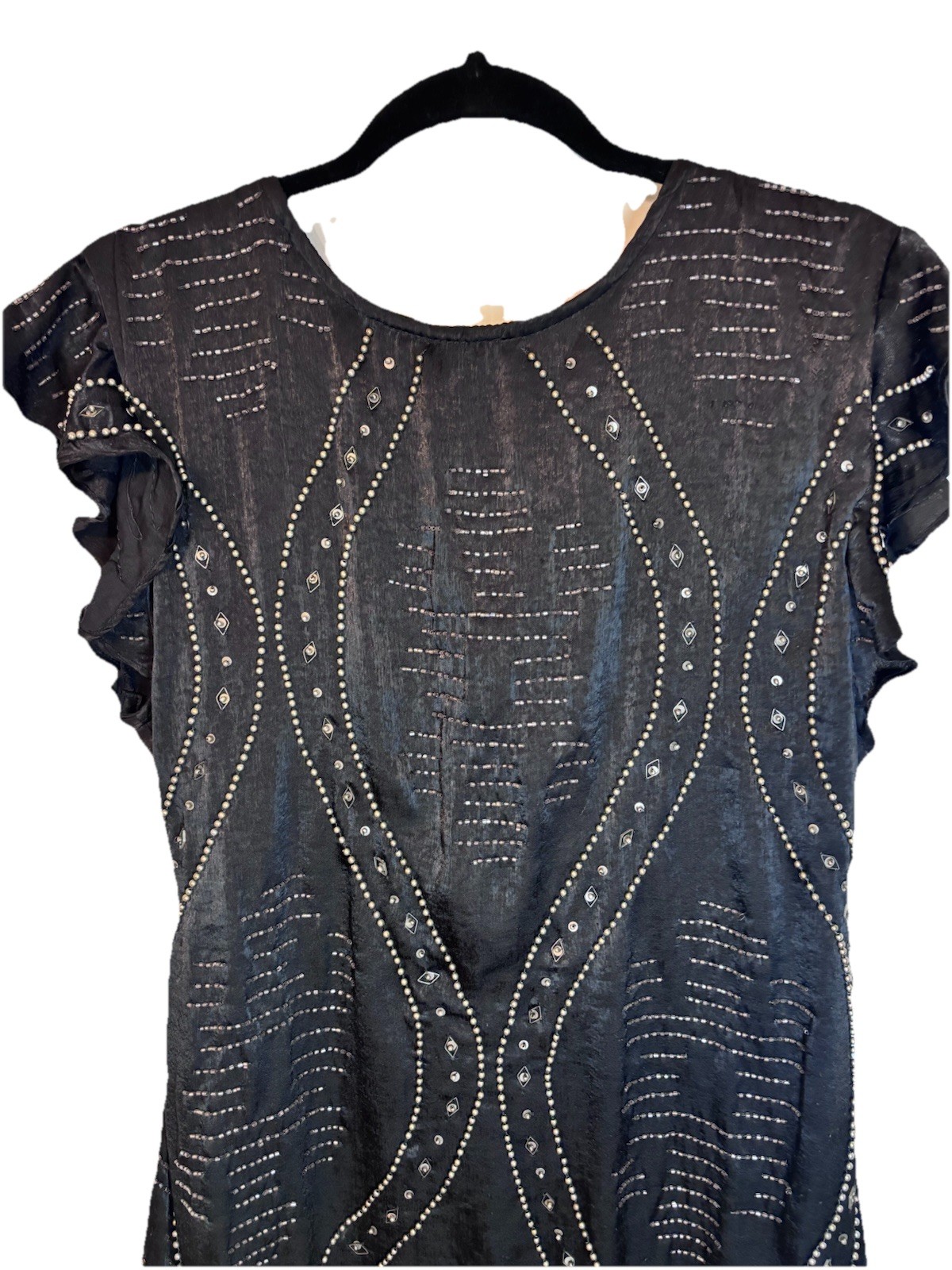 Free People Black Beaded Ruffle Short Sleeve Mini Shift Dress Size S NWT $168