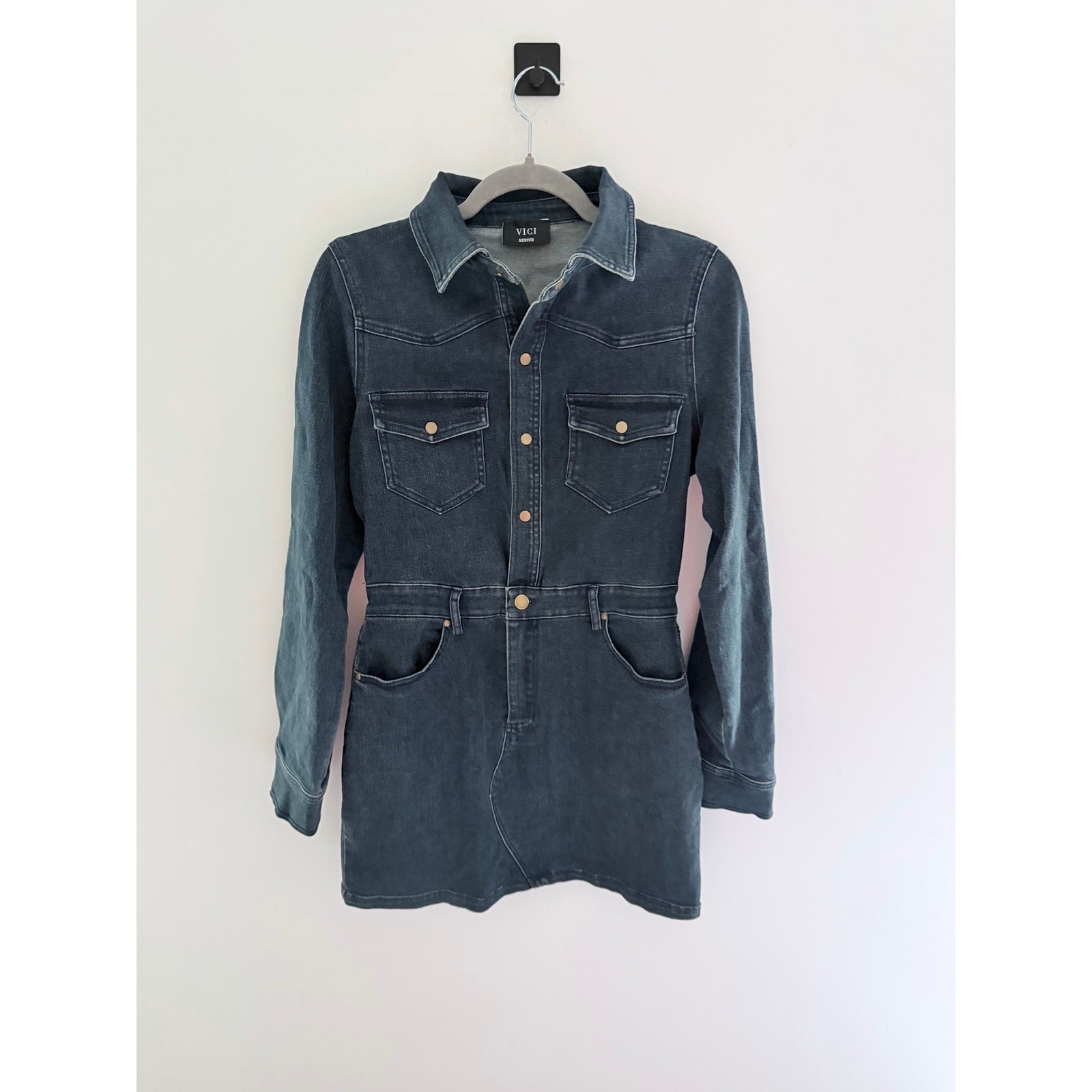 VICI Dark Wash Denim Country Concert Western LongSleeve Fitted Mini Dress-Size M