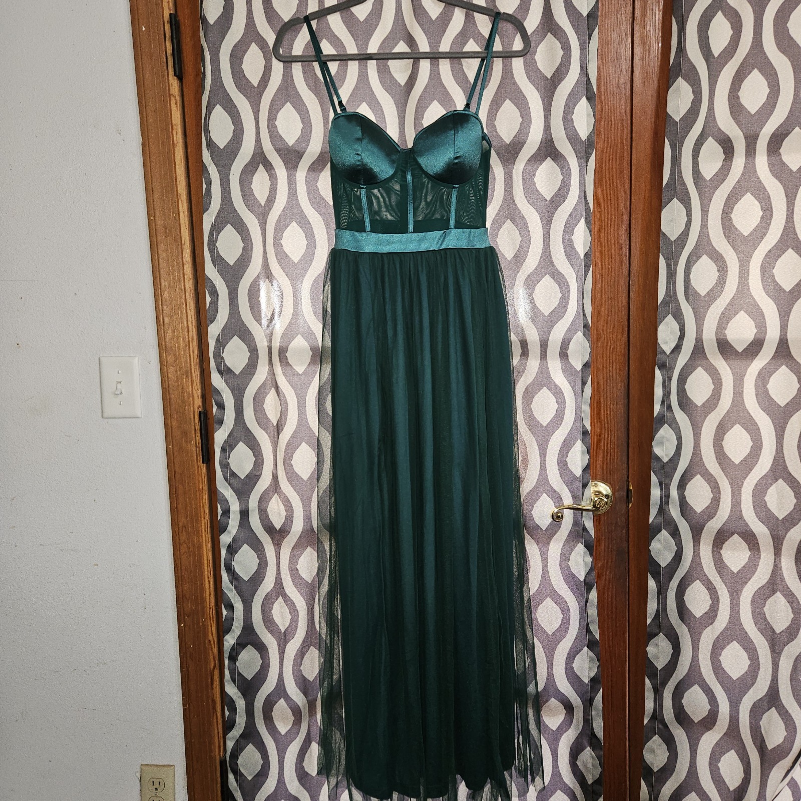 Green Sheer Corset Leg Slit Maxi Dress