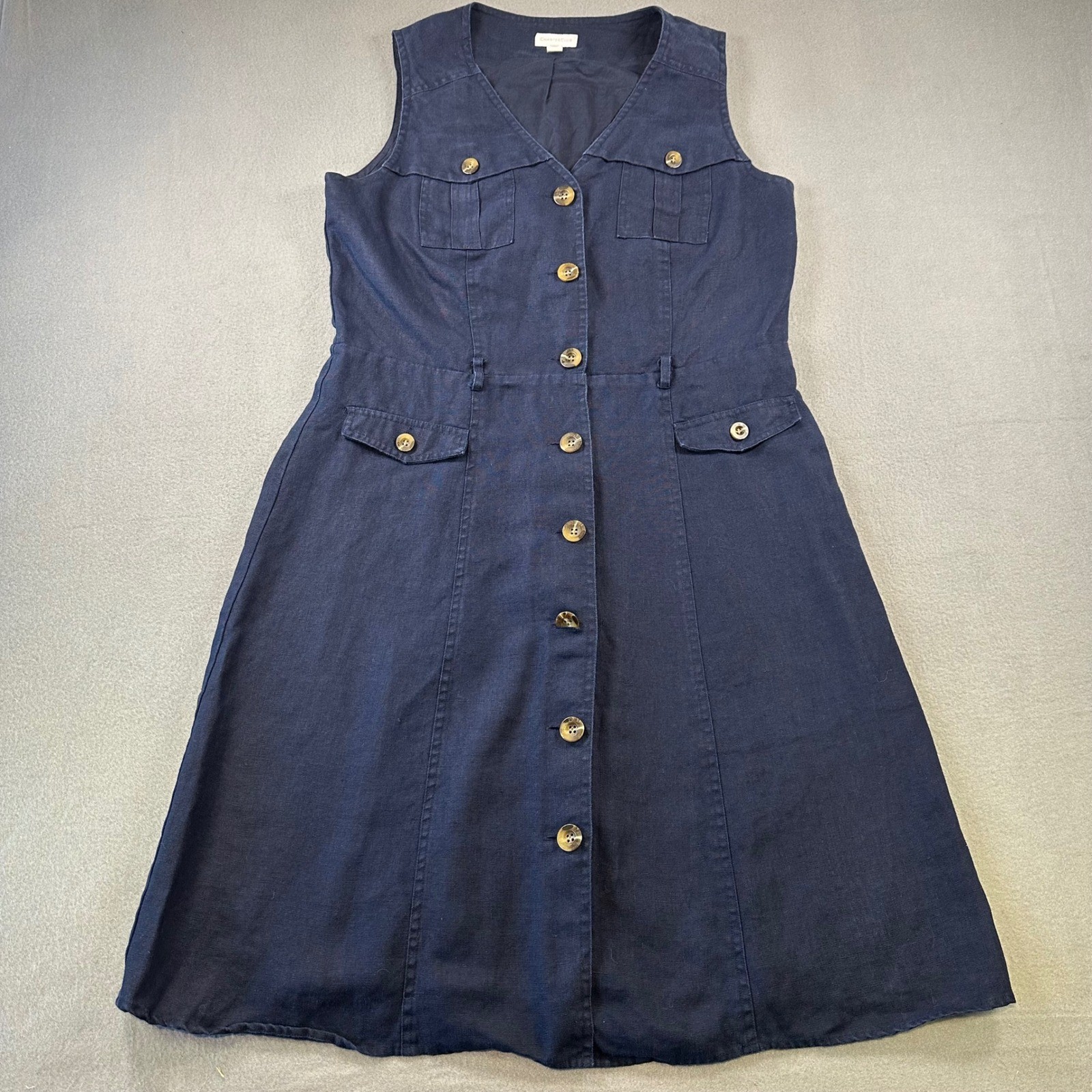 Charter Club Navy Blue 100% Linen Button Front Utility Midi Dress Womens 12