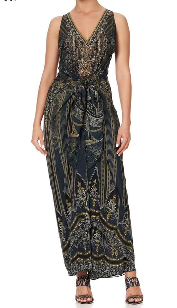 Camilla Long Multiwear Dress Great Scott Silk Kaftan Crystals Black Gold $749