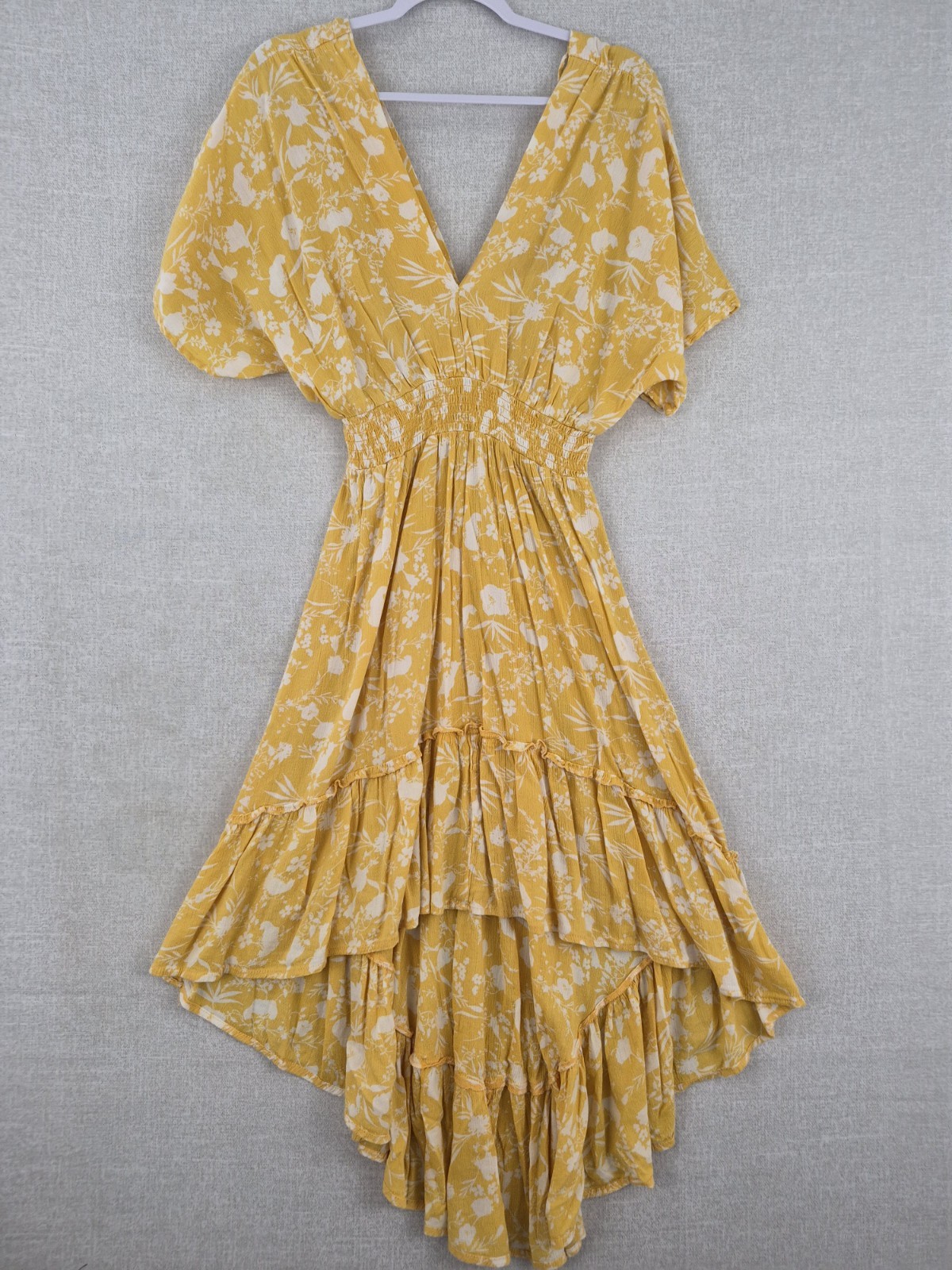 Yellow White Floral V-Neck Smocked Hi-Low Ruffle A-Line Dress M RN 137360