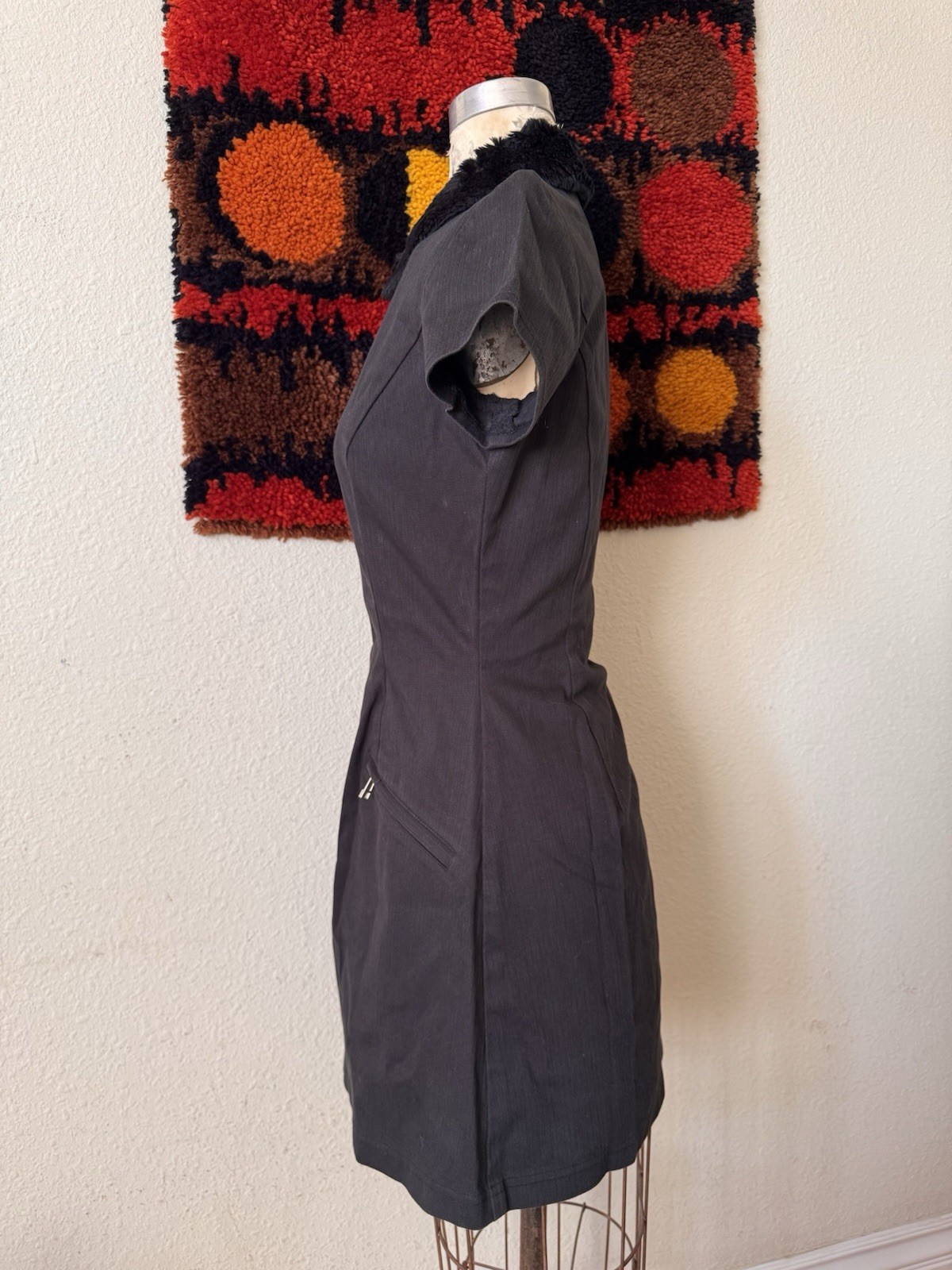 Vintage 90s Y2K Black Zip Front Bodycon Mini Dress vtg Flower Patch Mossimo