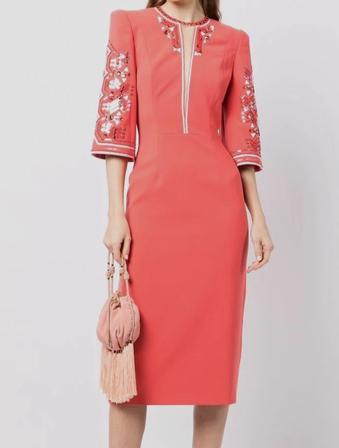 $3460 Jenny Packham Women Pink Crystal-Embellished Midi Dress Size UK 16 US 12