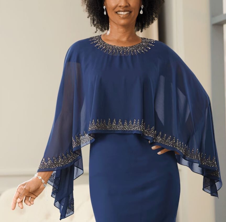 24W PLUS Ashro Navy Blue Formal Wedding Party Vita Embellished Cape Jacket Dress