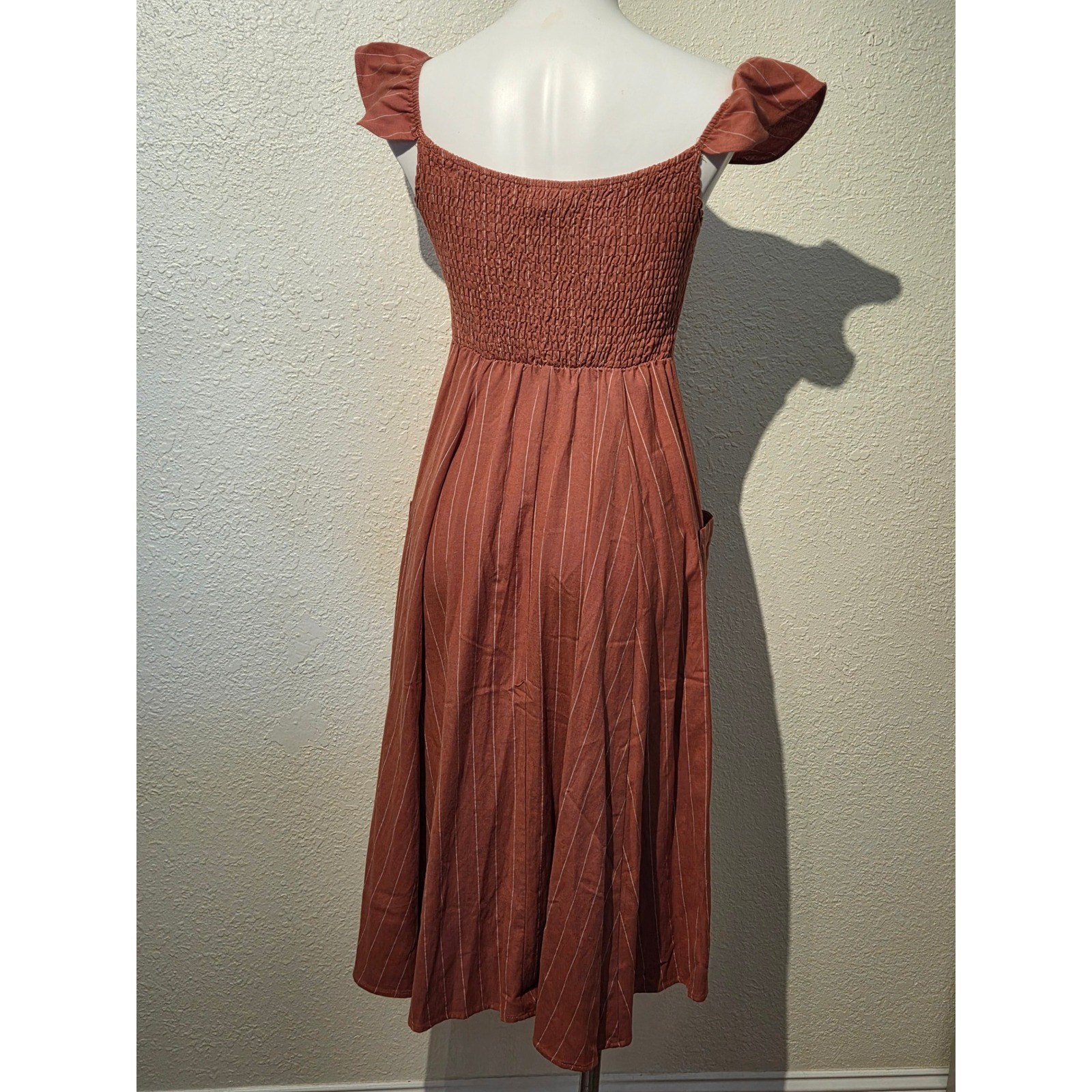 Lulus Rust Orange Pinstripe Linen Blend Button Front Midi Dress Womens Medium