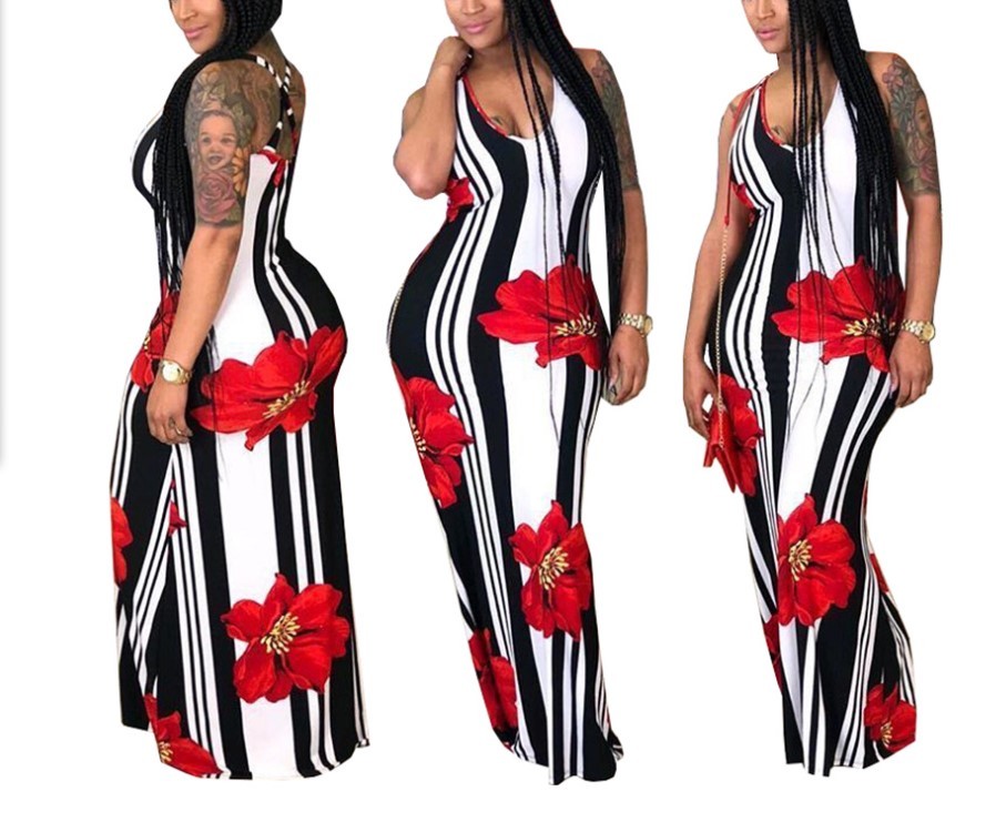 Women Floral Printed Bodycon Striped Sleeveless Party Beach Boho Maxi Dress #P2