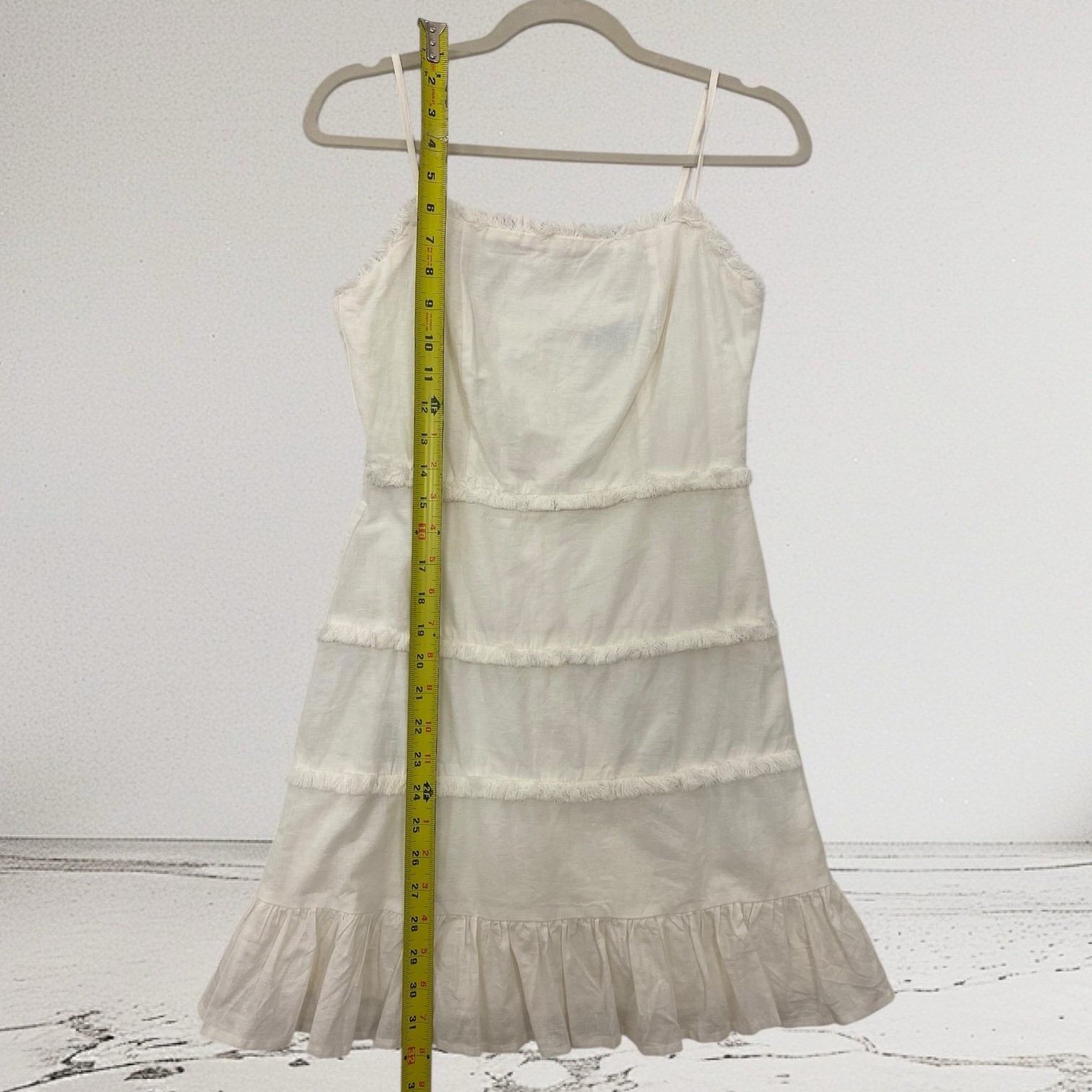 Womens Linen Blend Fringe Trim Mini Dress Size Small Boho Summer Resort Chic