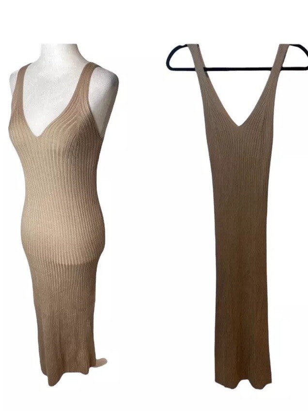 Mod Ref ribbed sleeveless maxi dress, tan, size Small