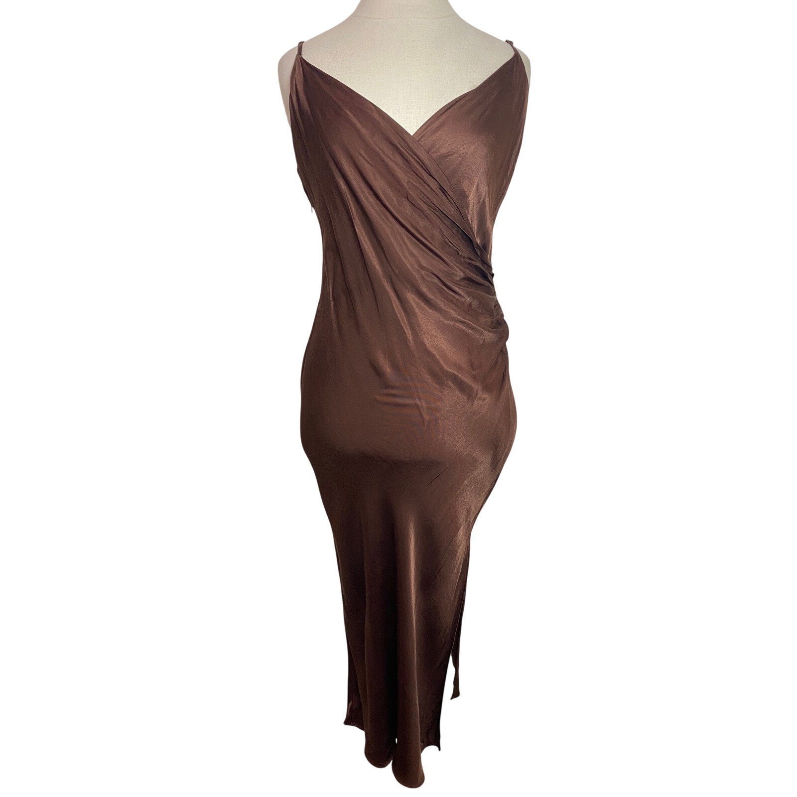 Zara Brown Draped Crossover Midi Dress Side Slit Viscose Size L Sleeveless Slip