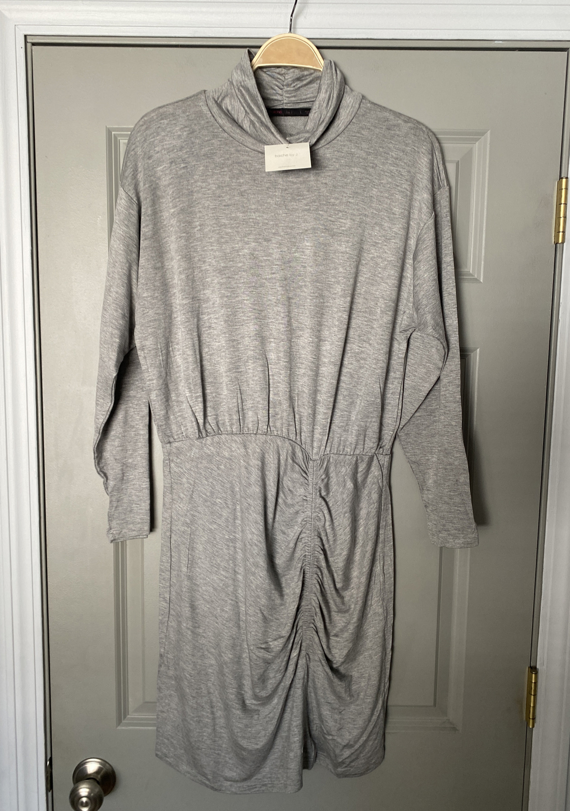 Fraiche By J Ruched Long Sleeve Mock Neck Jersey Dress in Gray Size Large $88