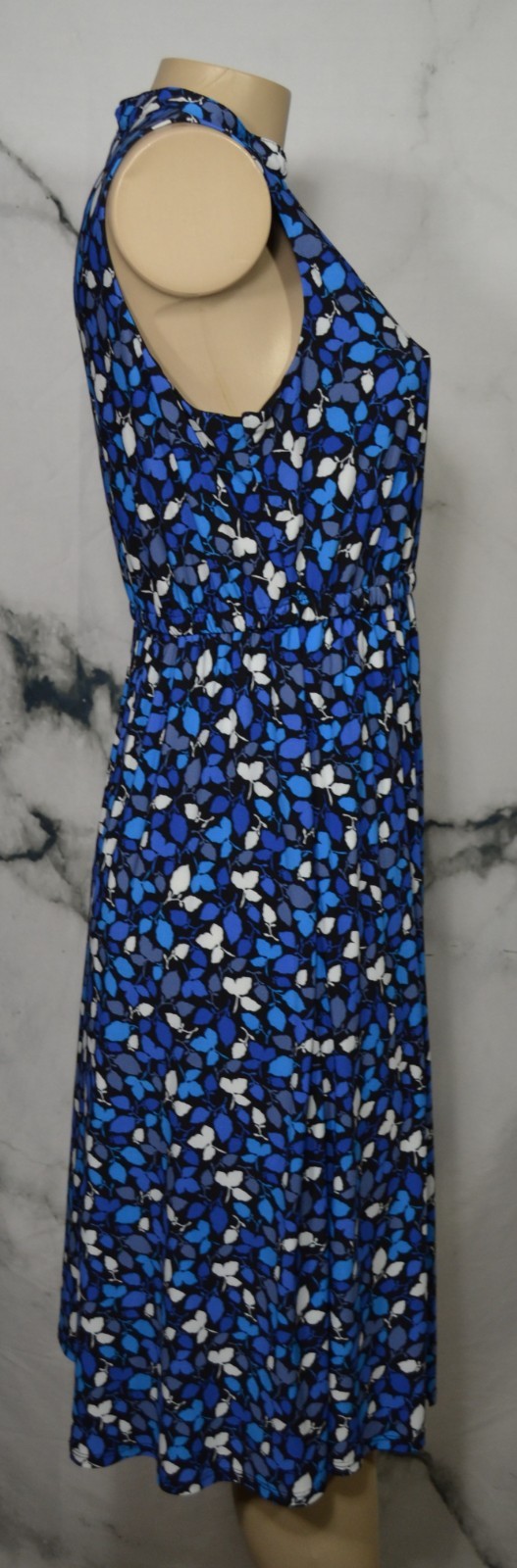 ANNE KLEIN Black Blue Beige Leaf Print Sleeveless Dress 10 Elastic Waist