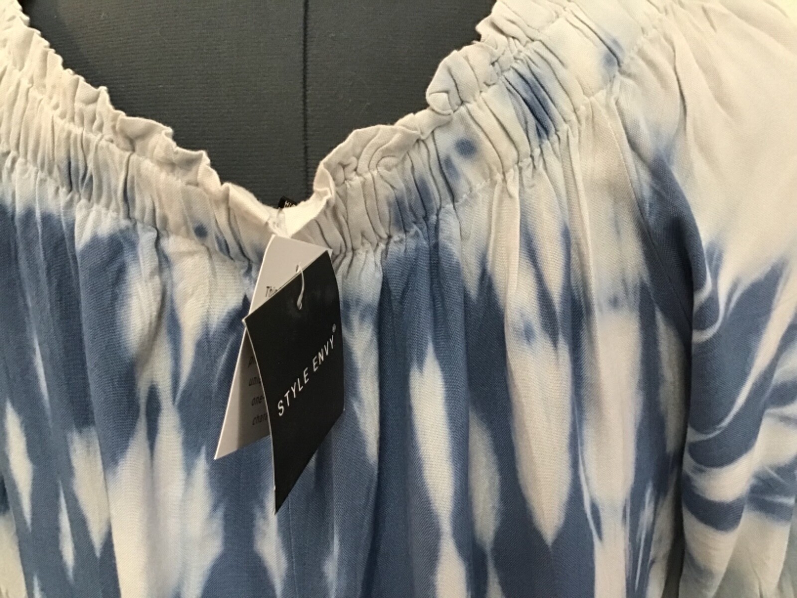NEW Style Envy L Blue Tie Dye Look Rayon 3/4 Sleeve Short Dress Tunic NWT
