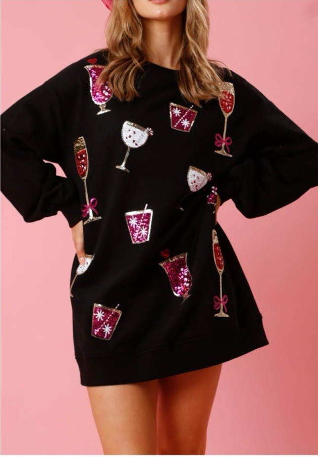 Fantastic Fawn Women Size Small L/S Drinks Sequin Pullover Dress Black Girls Ngt