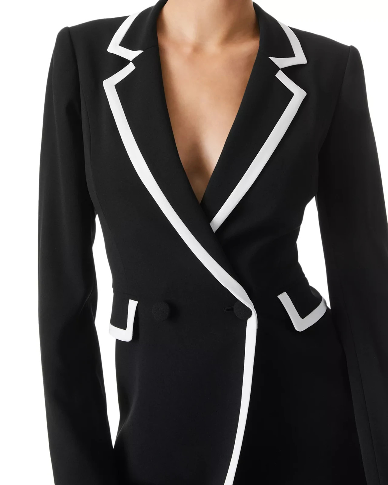 ALICE + OLIVIA KYRIE Pipe Tuxedo Coat Dress 4 Black White TRIM Pockets $495