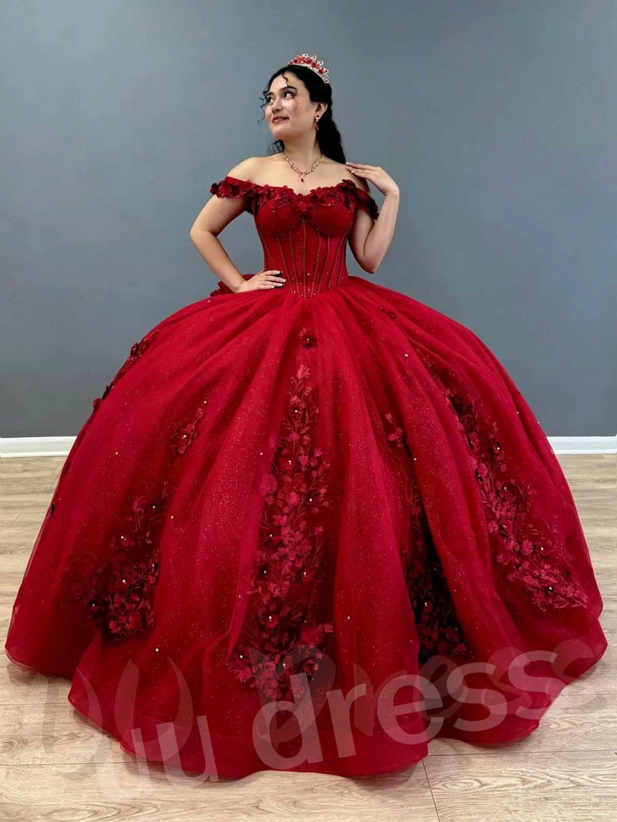 Red Quinceanera Dresses with Bow 3D Flowers Sweetheart Prom Party Ball Gowns