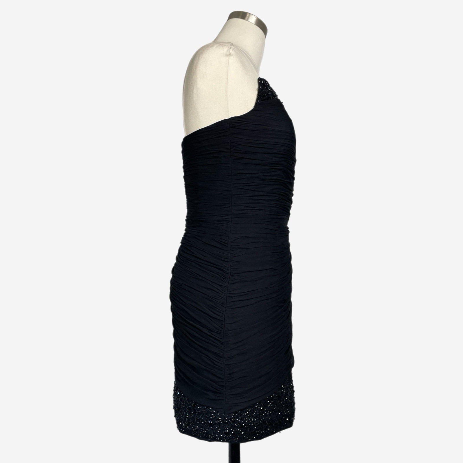 Basix II Black ruched pleated silk sequin beaded strapless mini dress formal S