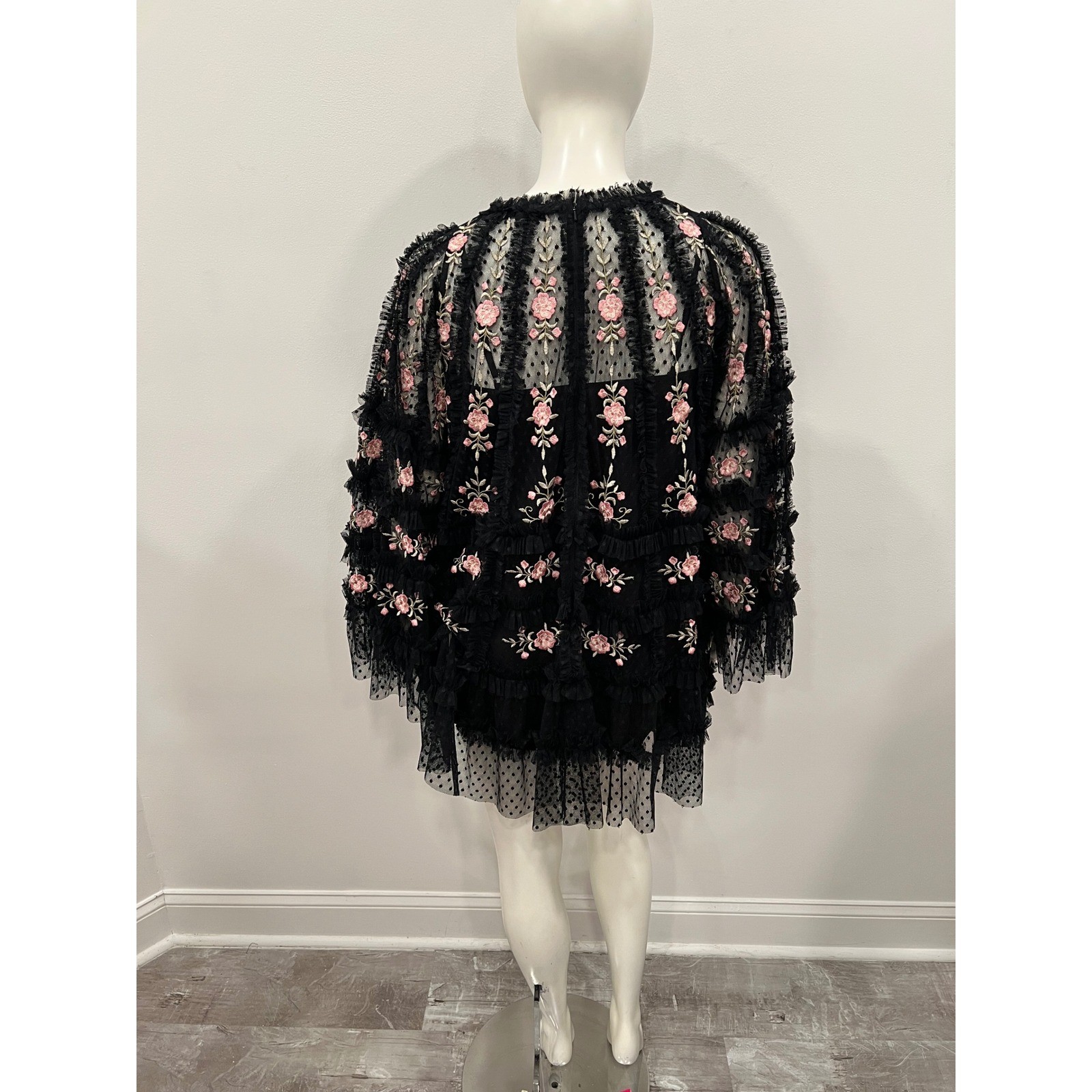 Mac Duggal Mini Dress Womens 8 Black Pink Floral Embroidered Tulle Tiered Ruffle