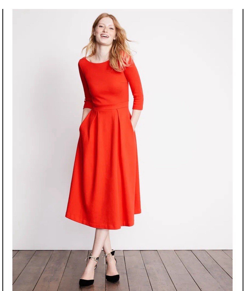 BODEN Red Holly Textured Classic Chic Holiday Fit Flare Pleated Skirt Dress 18 R