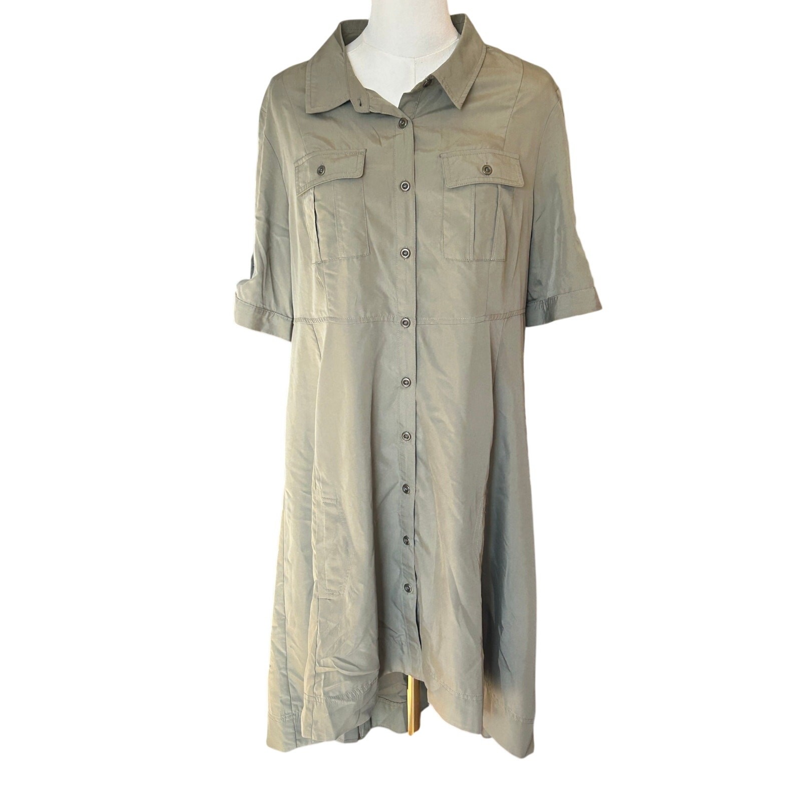 Sami & Dani green button up shirt dress high low Large travel lightweight