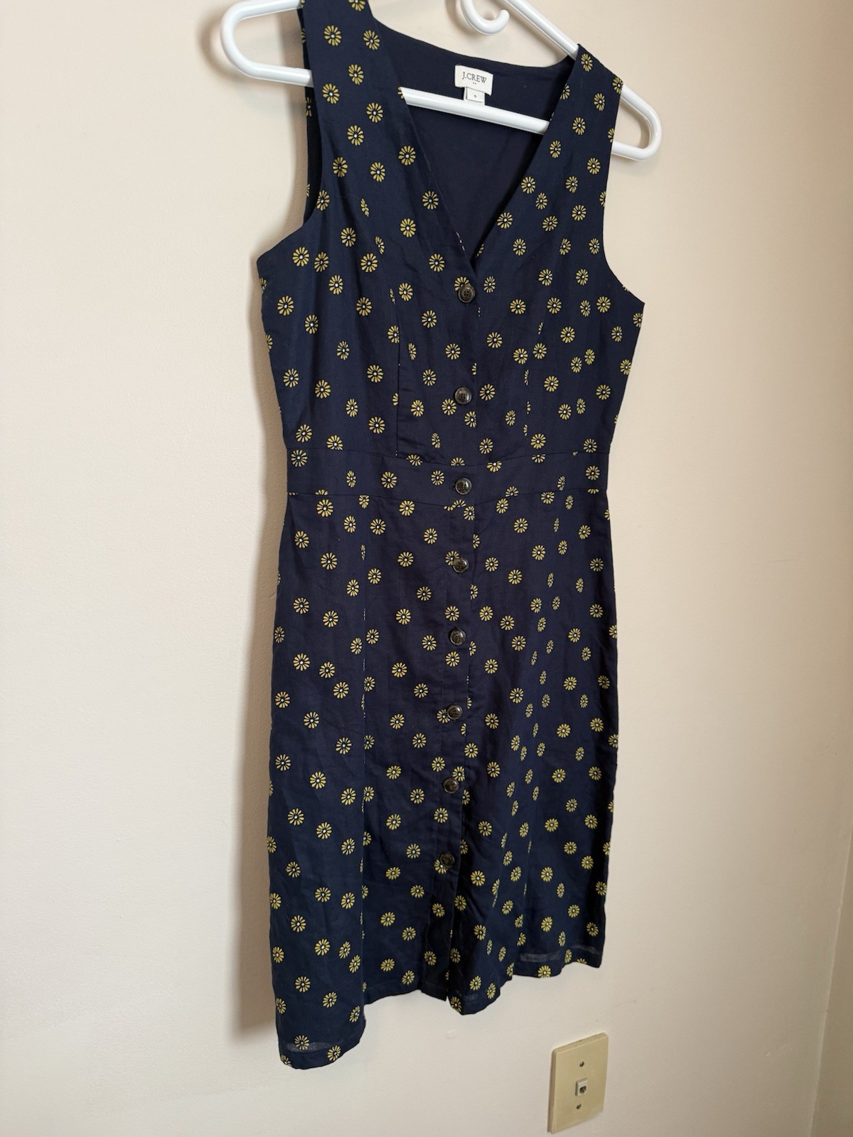 J.CREW Navy Yellow Floral Button Front Linen and Cotton Dress Size 0