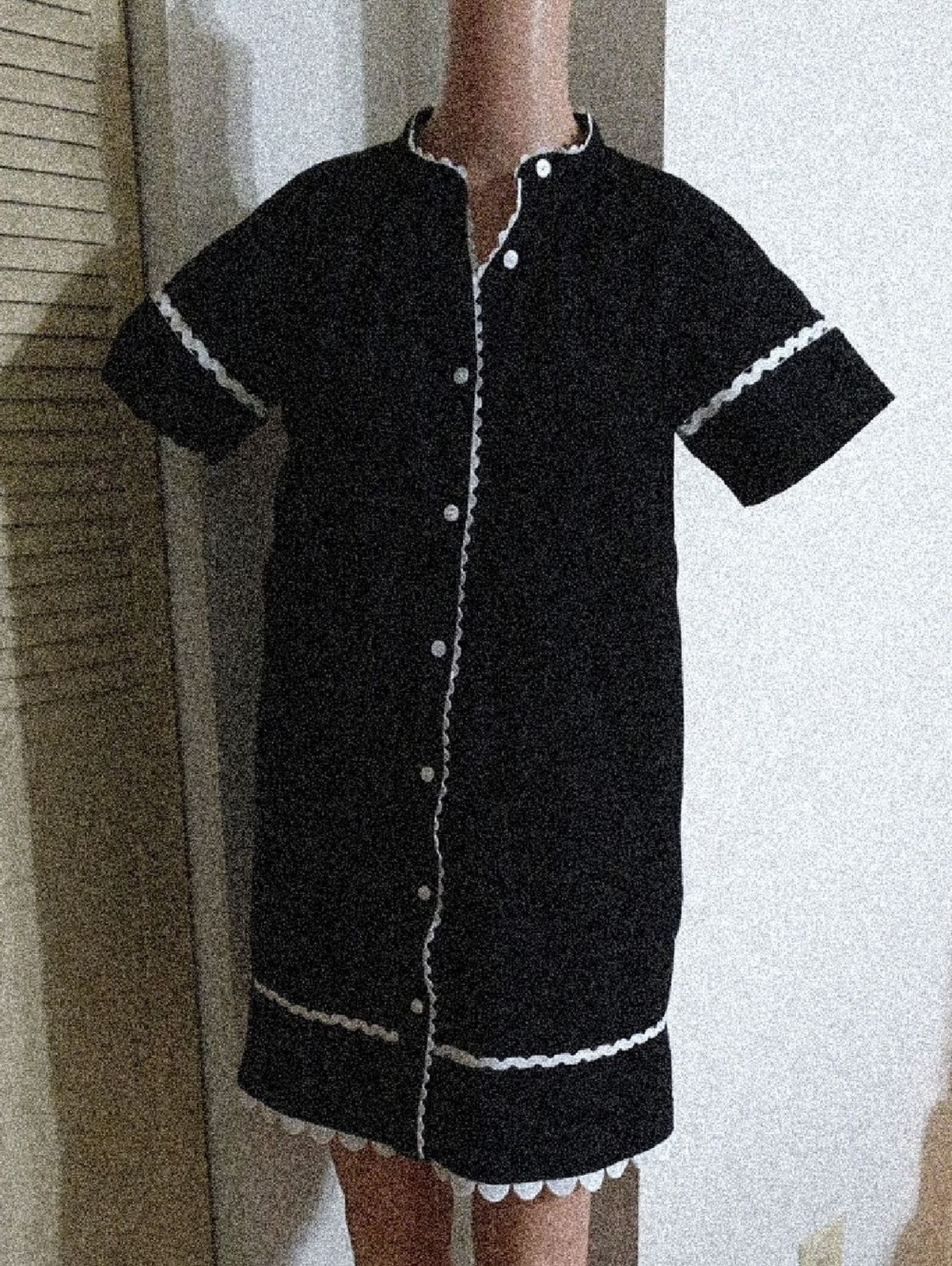 Black Button-Front House Dress with White Trim