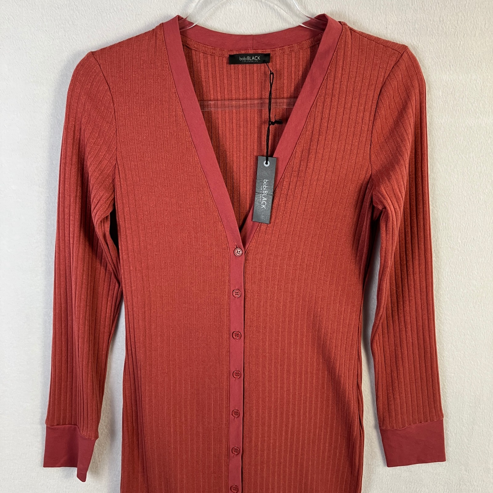 Bobi Black Los Angeles Ribbed Button-Front Midi Dress Women’s Size S Terracotta