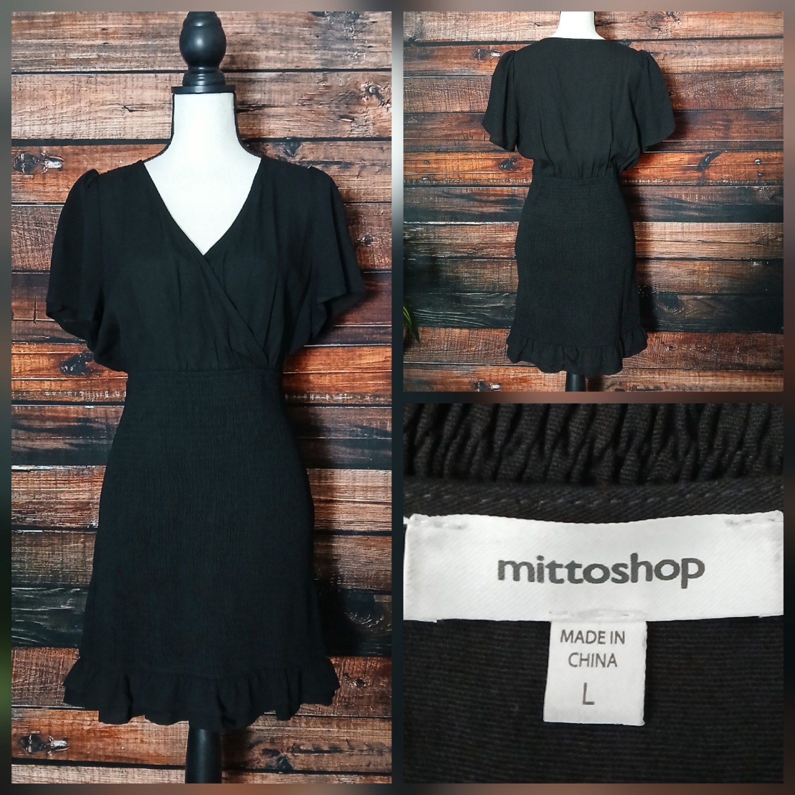 Mittoshop Dress Size L Smocked Skirt Surplice LBD Ruffle Hem Rayon Linen Blend