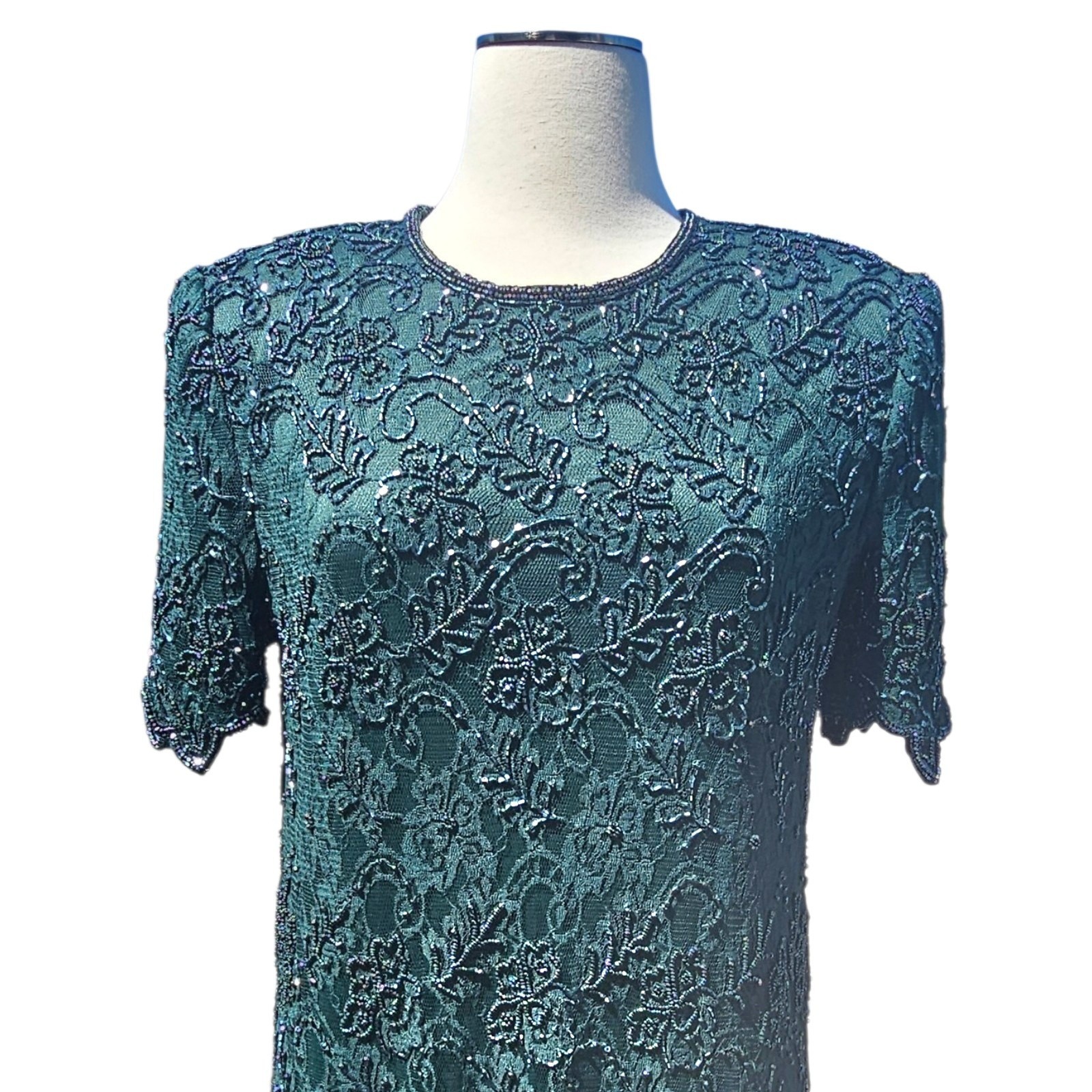 Vintage Brilliante By J.A. 80’s Glam Sequin Lace Green Beaded Dress Sz LP